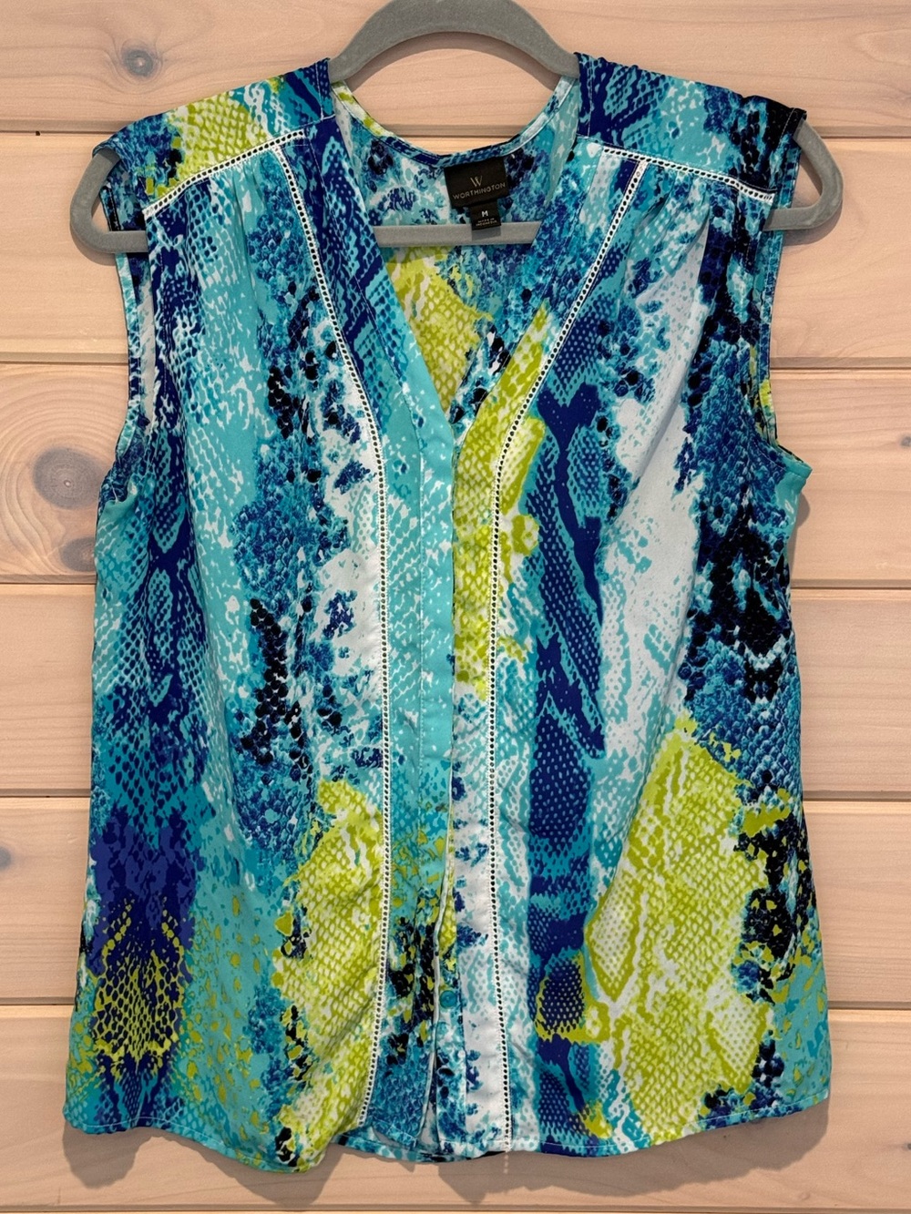 Worthington Aqua Blue & Chartreuse Patterned Sleeveless V-Neck Top
